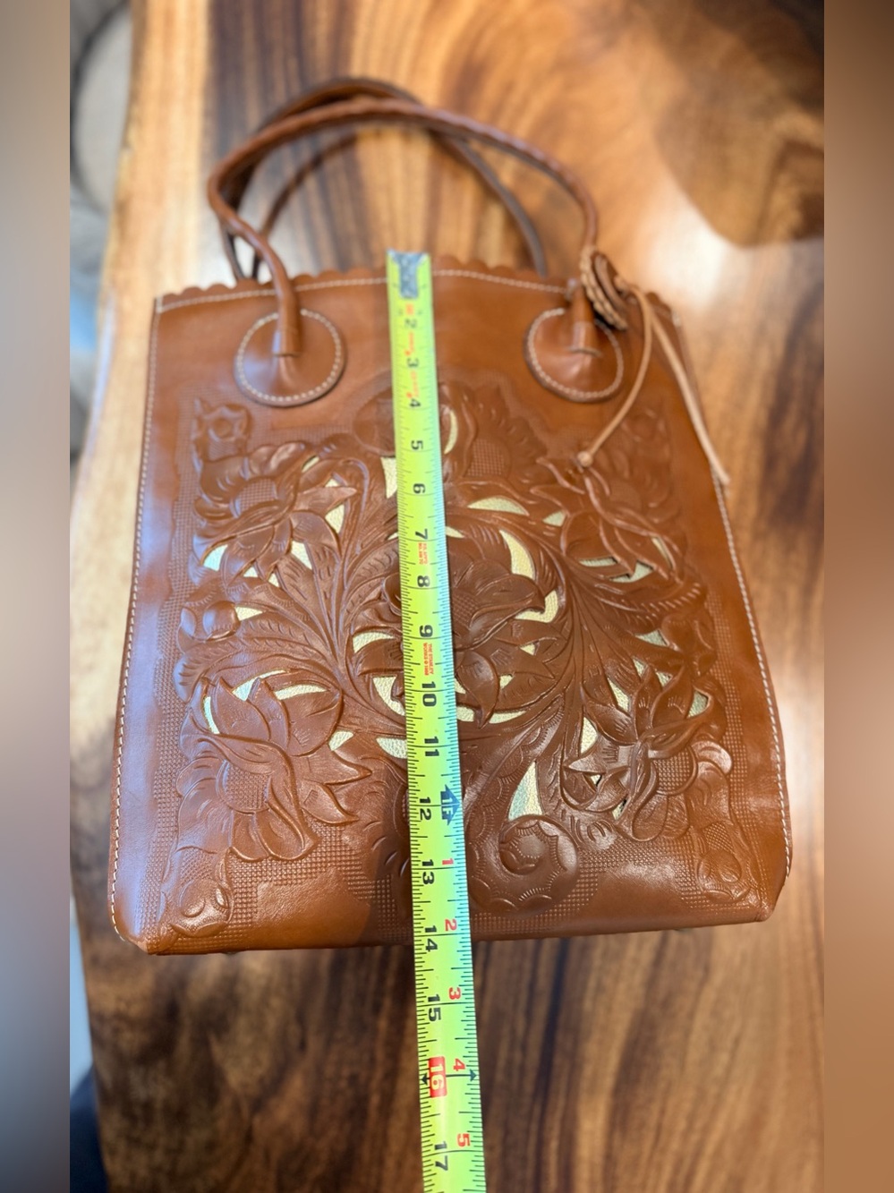 Patricia Nash Tooled Leather Floral Cutout Shopper. Gold Leather Underlay. GUC - Picture 14 of 17